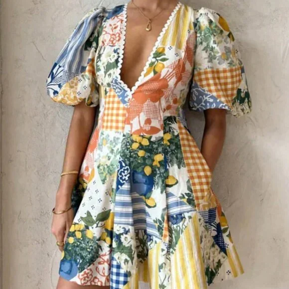 Multicolor Boho Women's Lemon Color Patchwork Wavy Print Mni Dress - Picture 1 of 5